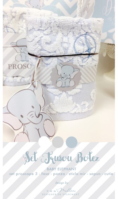 Trusou de botez cu broderie personalizata pentru baieti, Bleu & Grey Elephant 11